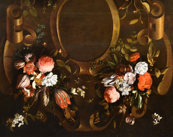 Blumengirlande mit Kartusche, Frans Van Everbroeck (Antwerpen, 1628 - London 1693)