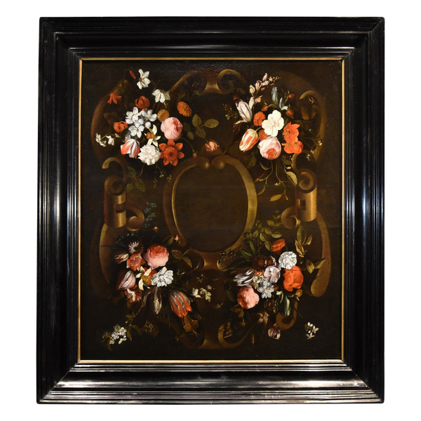 Blumengirlande mit Kartusche, Frans Van Everbroeck (Antwerpen, 1628 - London 1693)