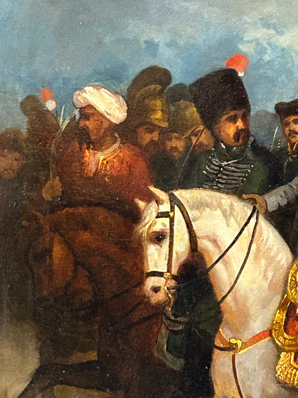 Napoleon Bonaparte on Campaign and His Grognards - Oil on Canvas, 19th Century