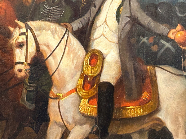 Napoleon Bonaparte on Campaign and His Grognards - Oil on Canvas, 19th Century