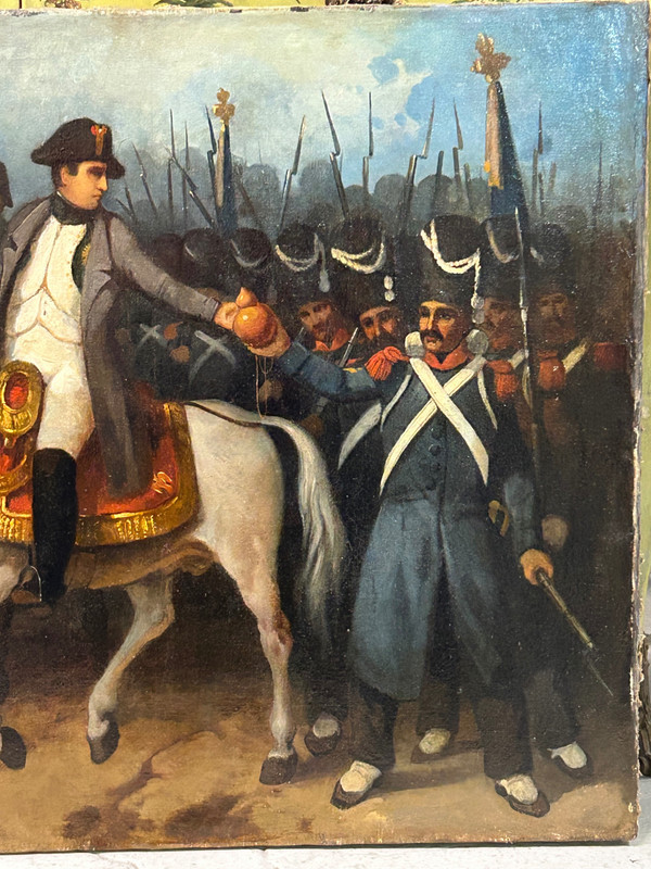 Napoleon Bonaparte on Campaign and His Grognards - Oil on Canvas, 19th Century