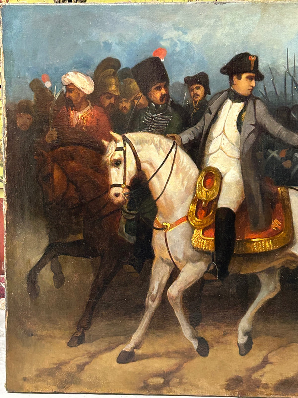 Napoleon Bonaparte on Campaign and His Grognards - Oil on Canvas, 19th Century