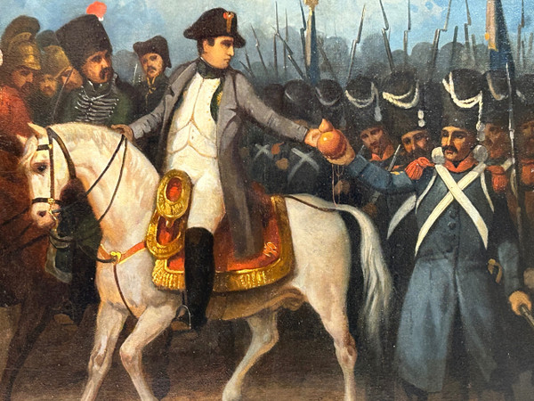 Napoleon Bonaparte on Campaign and His Grognards - Oil on Canvas, 19th Century