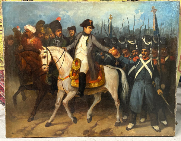 Napoleon Bonaparte on Campaign and His Grognards - Oil on Canvas, 19th Century