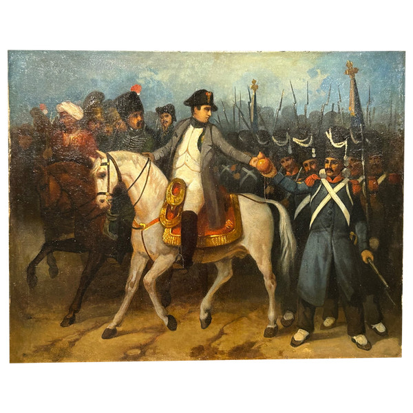 Napoleon Bonaparte on Campaign and His Grognards - Oil on Canvas, 19th Century