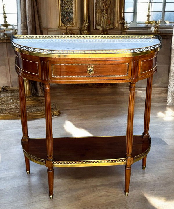 1/2 MOON CONSOLE / DESSERTE IN MAHOGANY VENEER AND GILT BRASS WITH MARBLE TOP