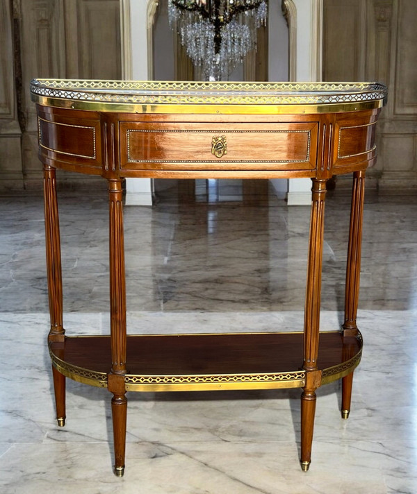 1/2 MOON CONSOLE / DESSERTE IN MAHOGANY VENEER AND GILT BRASS WITH MARBLE TOP