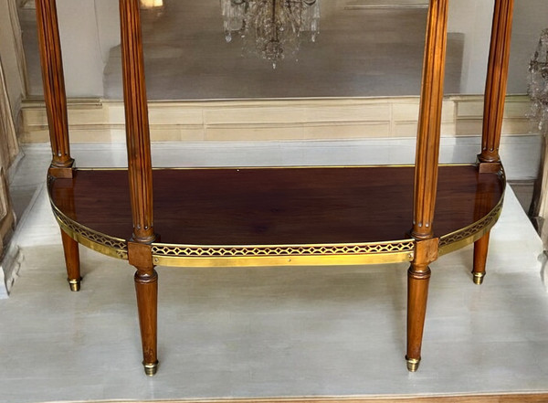 1/2 MOON CONSOLE / DESSERTE IN MAHOGANY VENEER AND GILT BRASS WITH MARBLE TOP