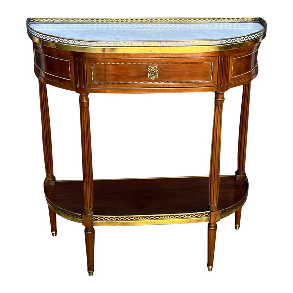 1/2 MOON CONSOLE / DESSERTE IN MAHOGANY VENEER AND GILT BRASS WITH MARBLE TOP