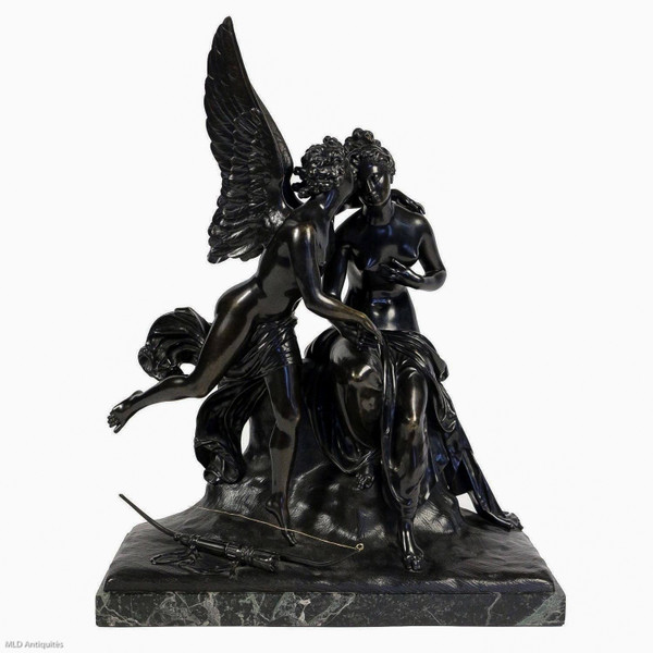 Gruppo in bronzo a patina nera Angelo e Ninfa Periodo romantico 1830-1840 circa