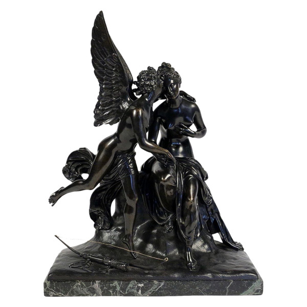 Gruppo in bronzo a patina nera Angelo e Ninfa Periodo romantico 1830-1840 circa