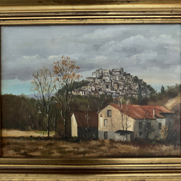 Huile sur toile par C. Theron Cordes-sur-Ciel Tarn 1991
