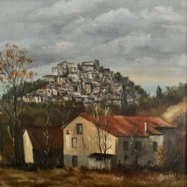 Huile sur toile par C. Theron Cordes-sur-Ciel Tarn 1991
