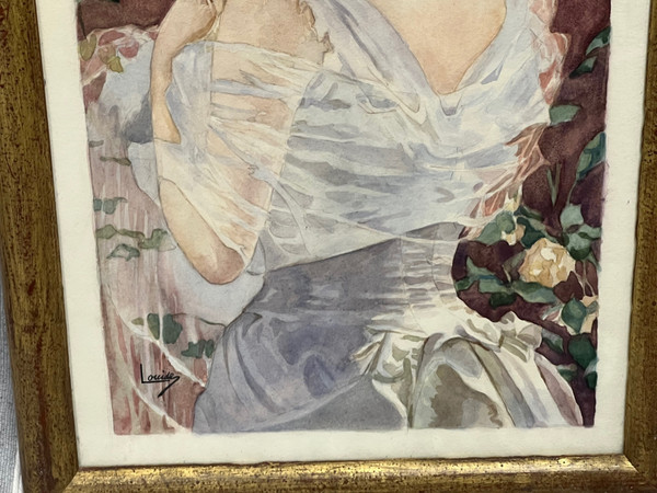 tableau aquarelle XIX ème siècle portrait élégante à la colombe signé LOUISE