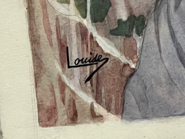 tableau aquarelle XIX ème siècle portrait élégante à la colombe signé LOUISE