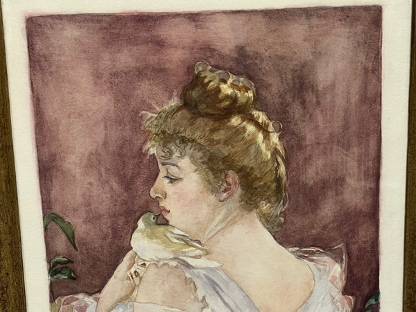 tableau aquarelle XIX ème siècle portrait élégante à la colombe signé LOUISE