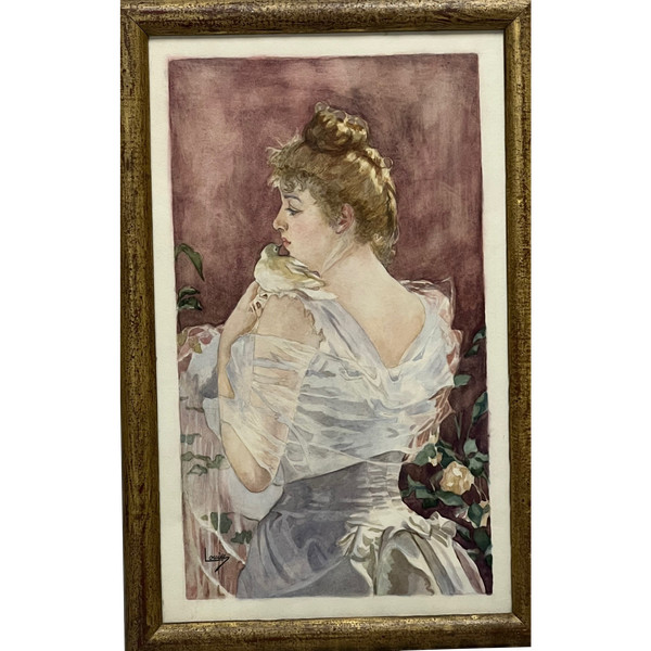 tableau aquarelle XIX ème siècle portrait élégante à la colombe signé LOUISE