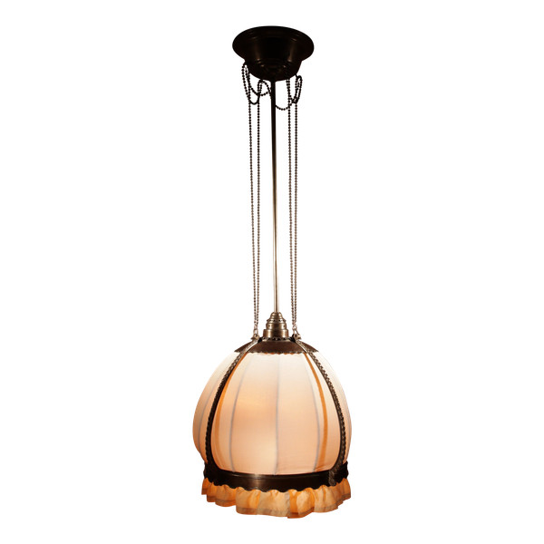 Elegante Pendelleuchte aus Kupfer und Messing im Jugendstil/Art Deco der Amsterdamer Schule, um 1900-20.