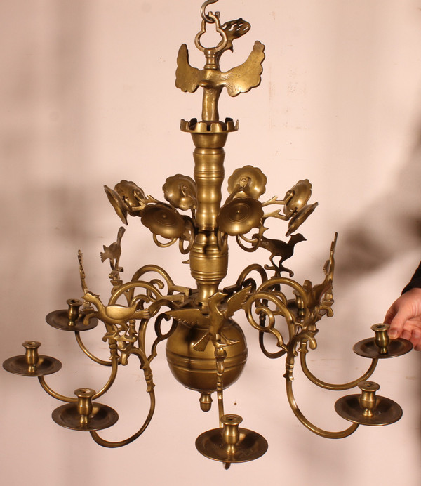 Lustre Renaissance En Bronze à 8 Branches Décoré d'Oiseaux