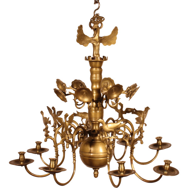Lustre Renaissance En Bronze à 8 Branches Décoré d'Oiseaux