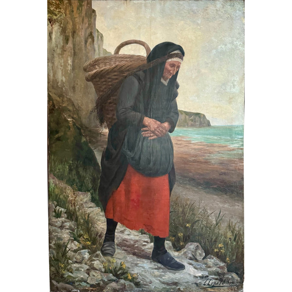 Very large painting, Return from shrimp fishing, Breton.