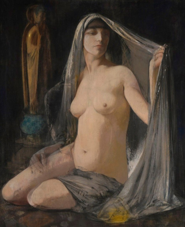 Pastel & Gouache on canvas, Woman with veil, Art Deco 30s 40s