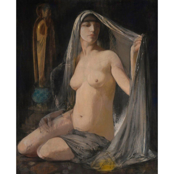 Pastel & Gouache on canvas, Woman with veil, Art Deco 30s 40s