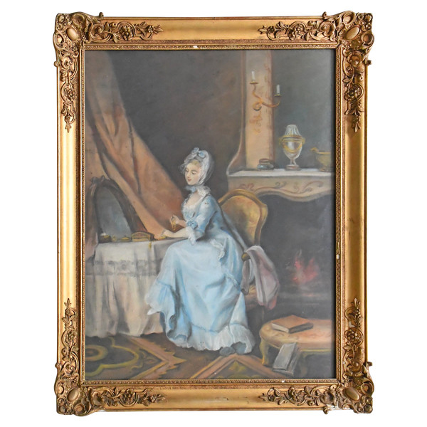 Pastel représentant scène d'intérieur avec une jeune femme devant un miroir