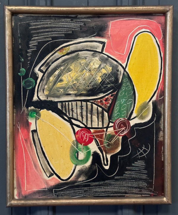 Oil on cardboard by J. Gauthier 1962 modern geometric composition