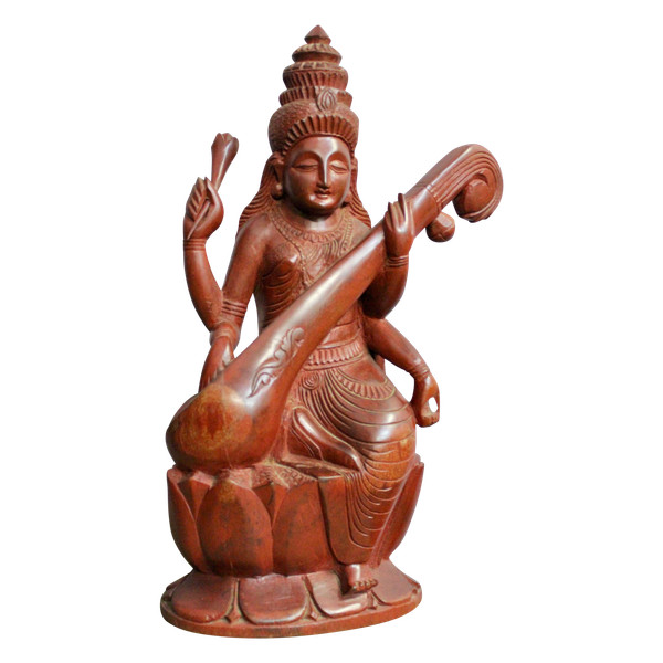 Scultura in legno di ferro della dea Saraswati