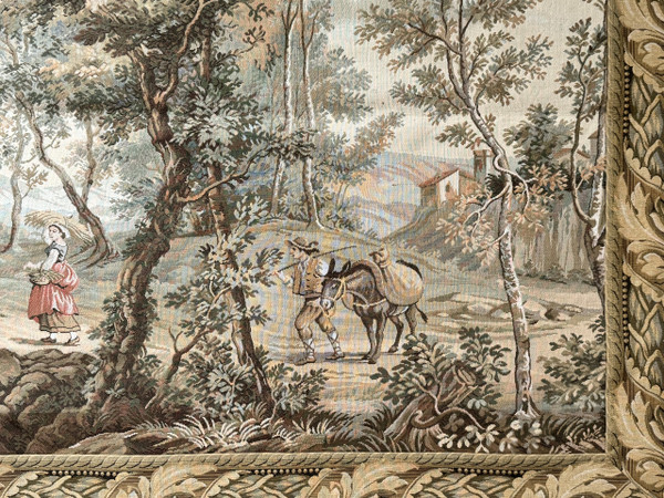 Tapisserie mécanique représentant paysage animé autour d'une village
