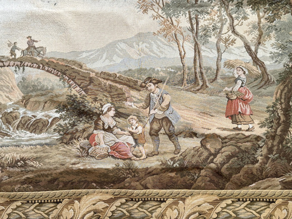 Tapisserie mécanique représentant paysage animé autour d'une village