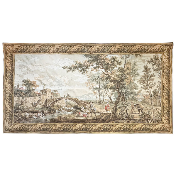 Tapisserie mécanique représentant paysage animé autour d'une village
