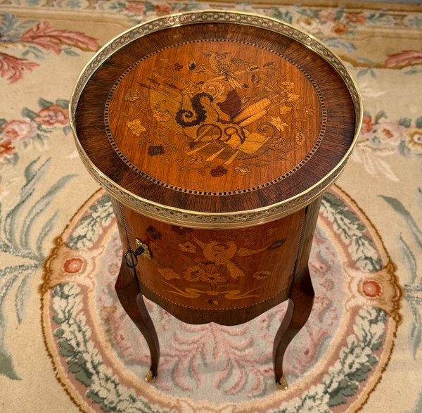 Small Transition Style Marquetry Drum Coffee Table from the Napoleon III Period