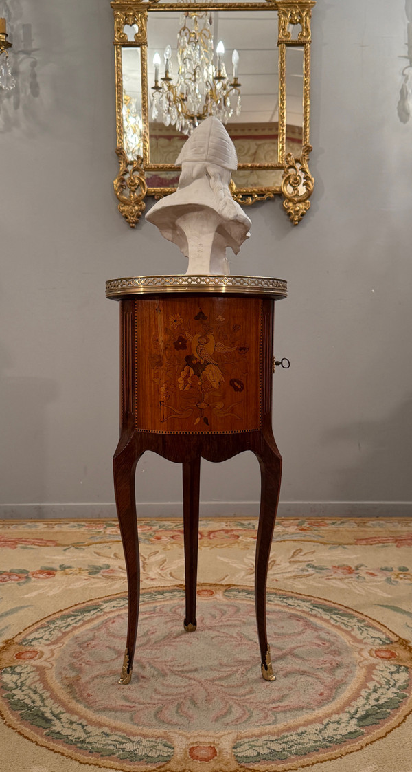 Small Transition Style Marquetry Drum Coffee Table from the Napoleon III Period