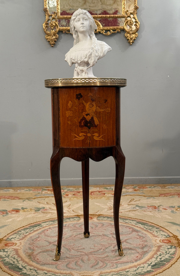 Small Transition Style Marquetry Drum Coffee Table from the Napoleon III Period