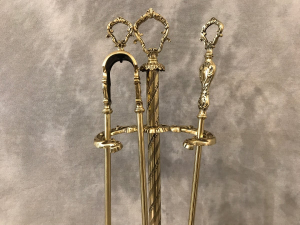 Altes Kaminset aus Messing und Bronze aus dem 19. Jahrhundert 