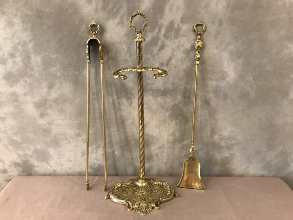 Altes Kaminset aus Messing und Bronze aus dem 19. Jahrhundert 