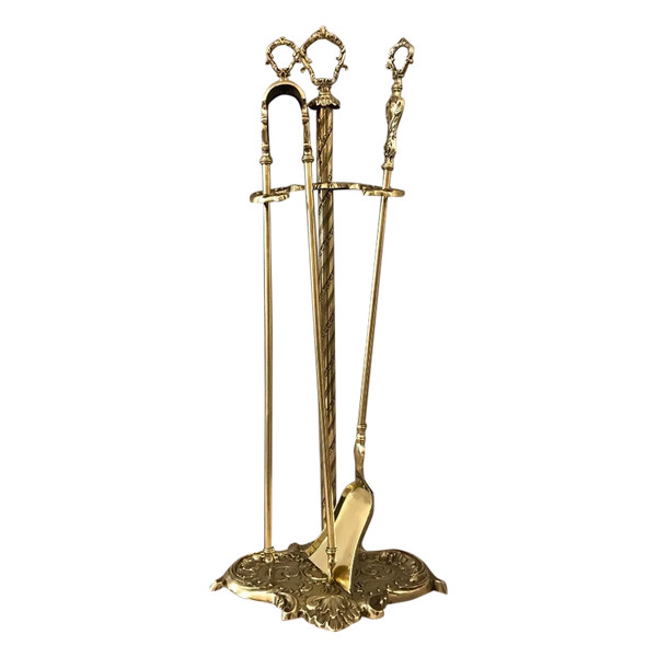 Altes Kaminset aus Messing und Bronze aus dem 19. Jahrhundert 