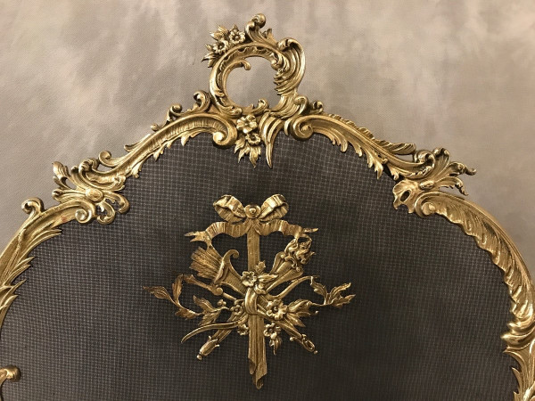 Pare feu écran de cheminée ancien en bronze d'époque 19 ème 
