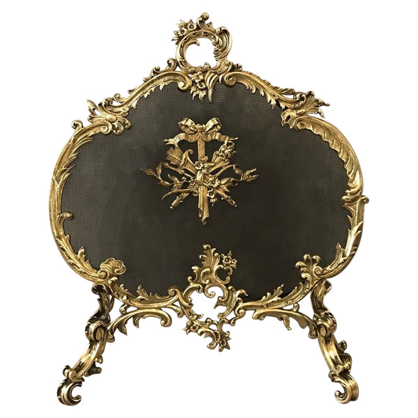 Pare feu écran de cheminée ancien en bronze d'époque 19 ème 