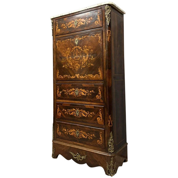 Lady's secretary in marquetry of noble woods depicting floral scrolls and a vase.