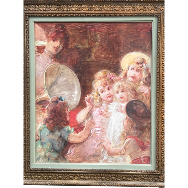 tableau Felix COURCHÉ  1863-1944 portraits d'élégante et enfants 