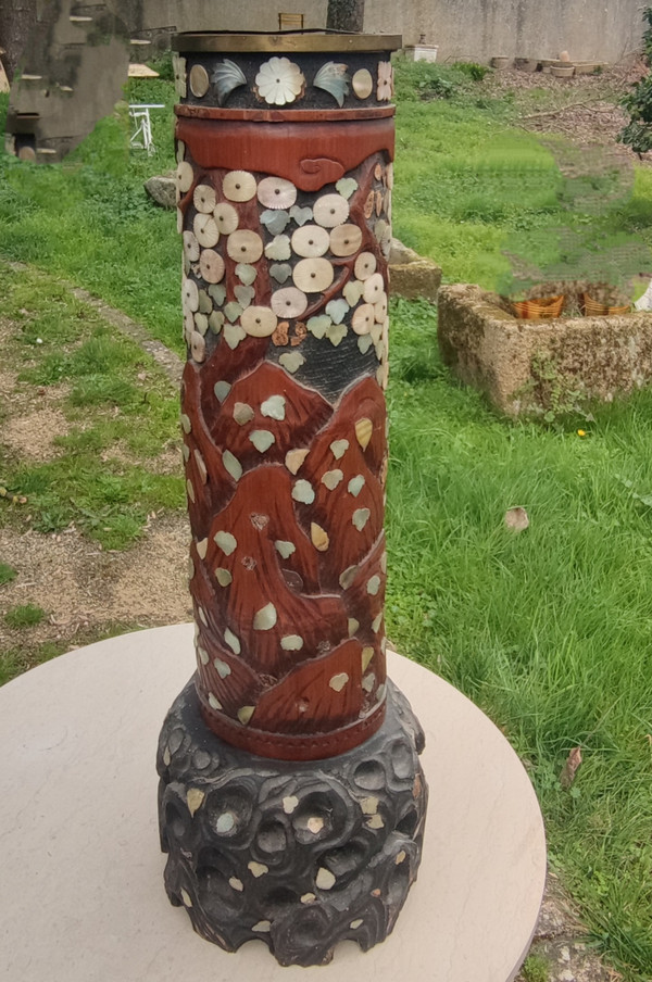 Antique Bitong Large Carved Brush Pot Mother of Pearl Inlay Asia