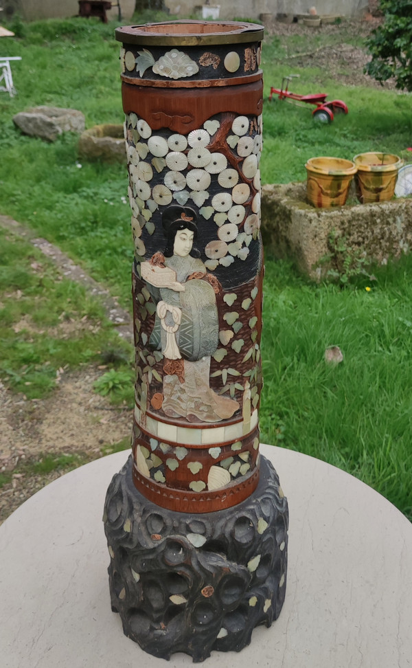 Antique Bitong Large Carved Brush Pot Mother of Pearl Inlay Asia