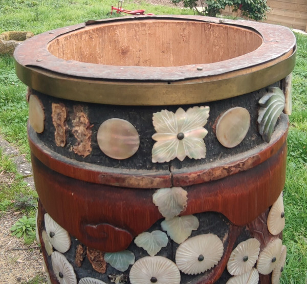 Antique Bitong Large Carved Brush Pot Mother of Pearl Inlay Asia