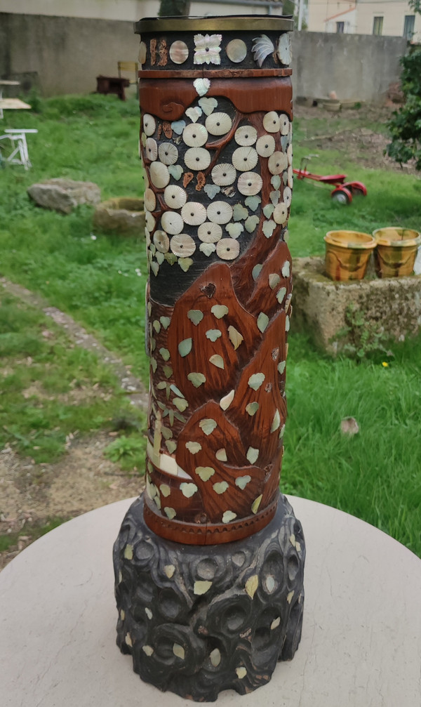 Antique Bitong Large Carved Brush Pot Mother of Pearl Inlay Asia