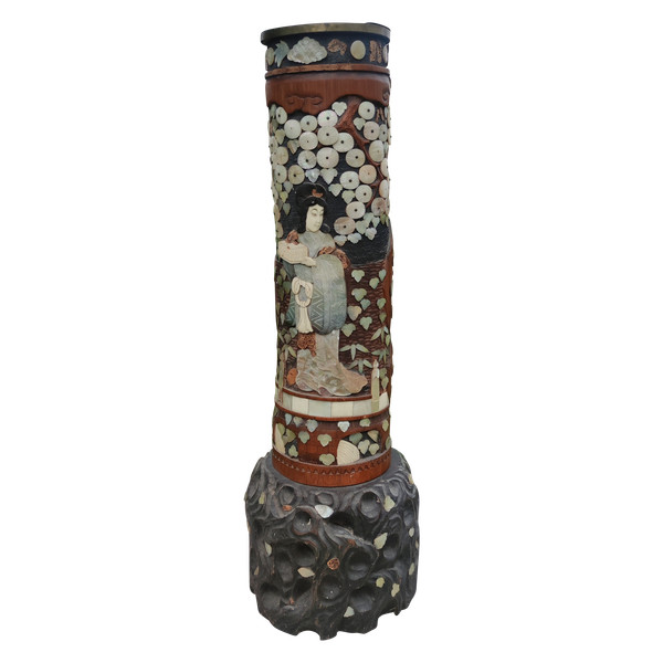 Antique Bitong Large Carved Brush Pot Mother of Pearl Inlay Asia