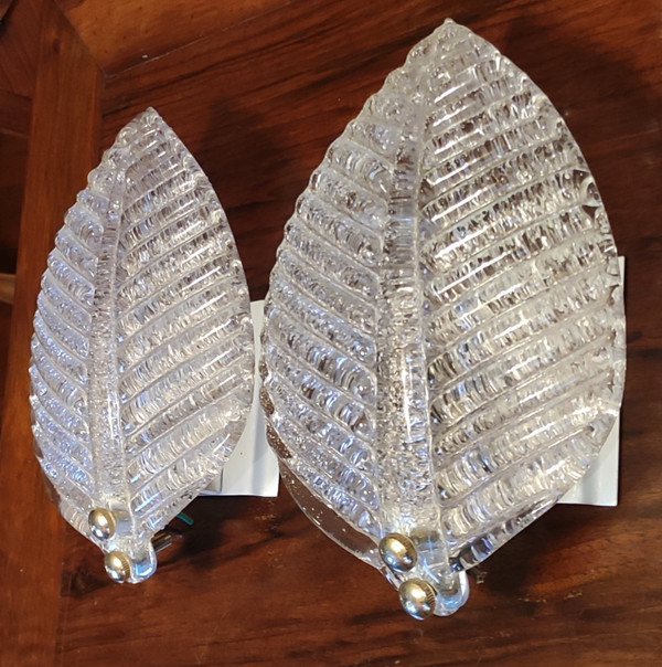 Coppia di applique a foglia in vetro di Murano di Barovier Et Toso.
