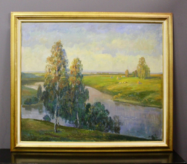Importante Olio Su Tela Paesaggio Al Fiume Scuola Russa XX
